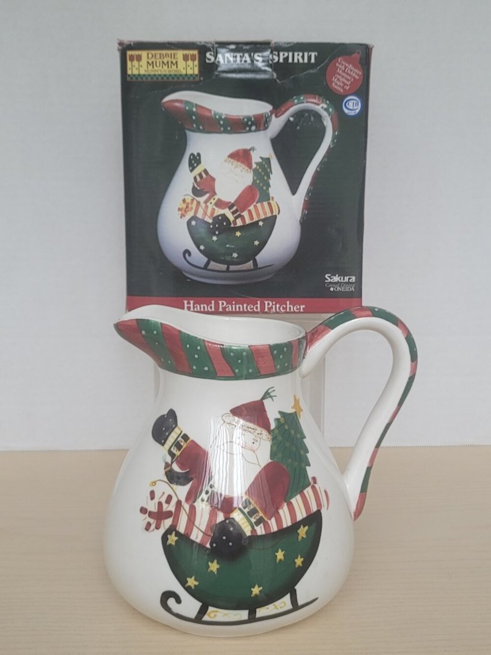 Sakura Debbie Mumm Santa's Spirit Vintage Hand Painted Ceramic Christmas Pitcher